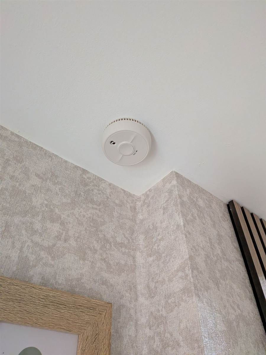 A smoke alarm fitted in the right spot on the ceiling — tested, positioned correctly, and ready