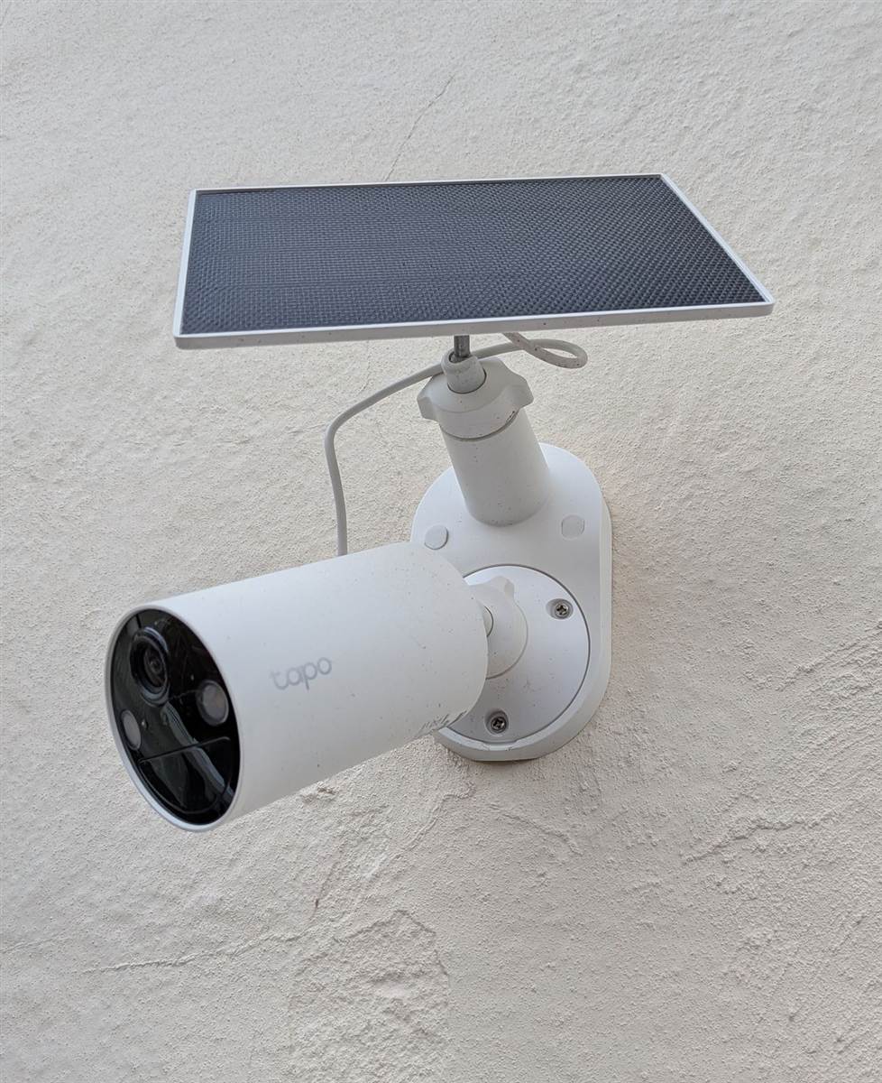 A solar-powered WiFi camera, mounted and angled to cover the driveway — no mains wiring, no ongoing subscription