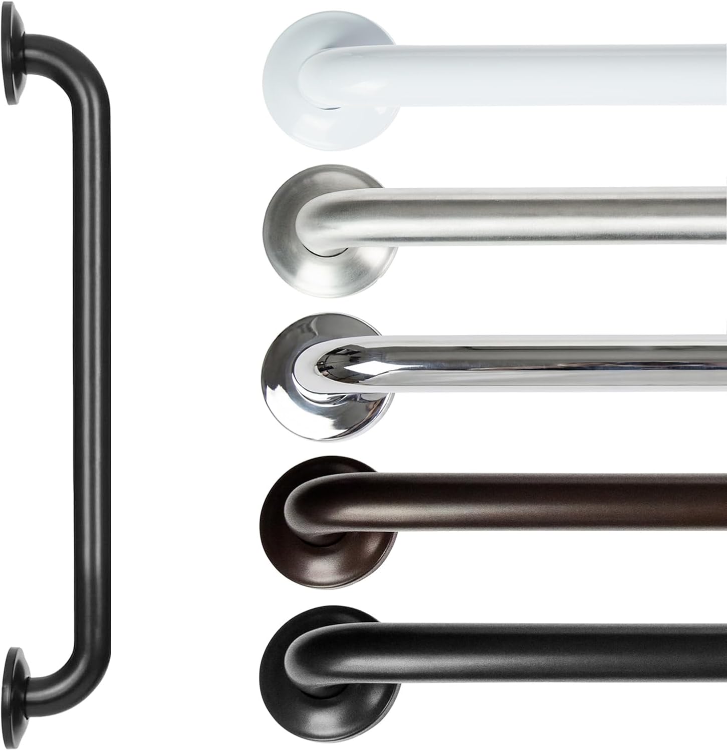 Vive stainless steel grab bar, shown in white, brushed, chrome, bronze and black finishes